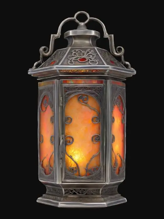 3D model for An ancient, tarnished silver lantern, its hexagonal body adorned with delicate filigree resembling twisting vines. Thin, milky moonstone panels are set into its sides, glowing with a soft, ethereal light. A sturdy, ornate handle arches above, crafted from the same dark, aged metal. Its surface feels cool and slightly uneven to the touch, hinting at forgotten craftsmanship.