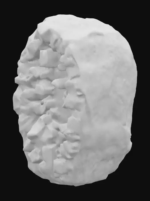 3D model for A colossal, uncut crystal formation, resembling a cluster of irregular geodes. Its facets are smooth yet slightly uneven, catching and refracting light in brilliant, internal shimmers. The crystal pulses with a deep indigo hue that subtly shifts to a lighter violet, suggesting immense magical power. It appears incredibly heavy but radiates a surprising warmth when approached.