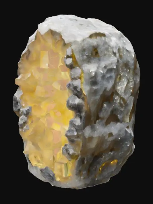 3D model for A colossal, uncut crystal formation, resembling a cluster of irregular geodes. Its facets are smooth yet slightly uneven, catching and refracting light in brilliant, internal shimmers. The crystal pulses with a deep indigo hue that subtly shifts to a lighter violet, suggesting immense magical power. It appears incredibly heavy but radiates a surprising warmth when approached.