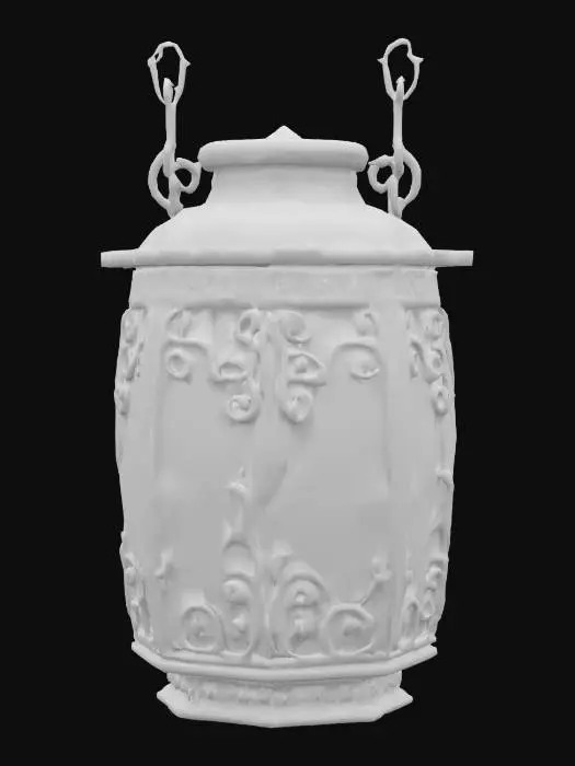 3D model for An ancient, tarnished silver lantern, its hexagonal body adorned with delicate filigree resembling twisting vines. Thin, milky moonstone panels are set into its sides, glowing with a soft, ethereal light. A sturdy, ornate handle arches above, crafted from the same dark, aged metal. Its surface feels cool and slightly uneven to the touch, hinting at forgotten craftsmanship.