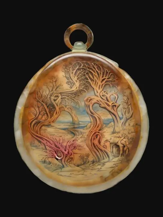 3D model for An organic amulet carved from ancient, petrified wood, smoothed by time and wear. In its center, a polished moss agate cabochon displays swirling patterns of deep green and cloudy white, resembling miniature forests. Delicate, dark brown root tendrils are intricately woven around the central stone, forming an irregular, natural border. It feels warm and earthy, with a comforting weight.