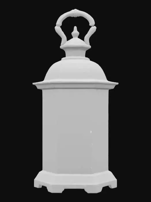 3D model for An ancient, tarnished silver lantern, its hexagonal body adorned with delicate filigree resembling twisting vines. Thin, milky moonstone panels are set into its sides, glowing with a soft, ethereal light. A sturdy, ornate handle arches above, crafted from the same dark, aged metal. Its surface feels cool and slightly uneven to the touch, hinting at forgotten craftsmanship.
