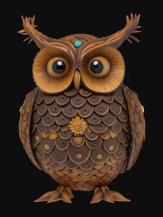3D model for a decorative owl that is made from a pine cone, Hand Painted, Wood, Carved, Highly Detailed, steampunk