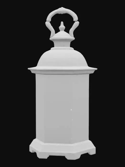 3D model for An ancient, tarnished silver lantern, its hexagonal body adorned with delicate filigree resembling twisting vines. Thin, milky moonstone panels are set into its sides, glowing with a soft, ethereal light. A sturdy, ornate handle arches above, crafted from the same dark, aged metal. Its surface feels cool and slightly uneven to the touch, hinting at forgotten craftsmanship.