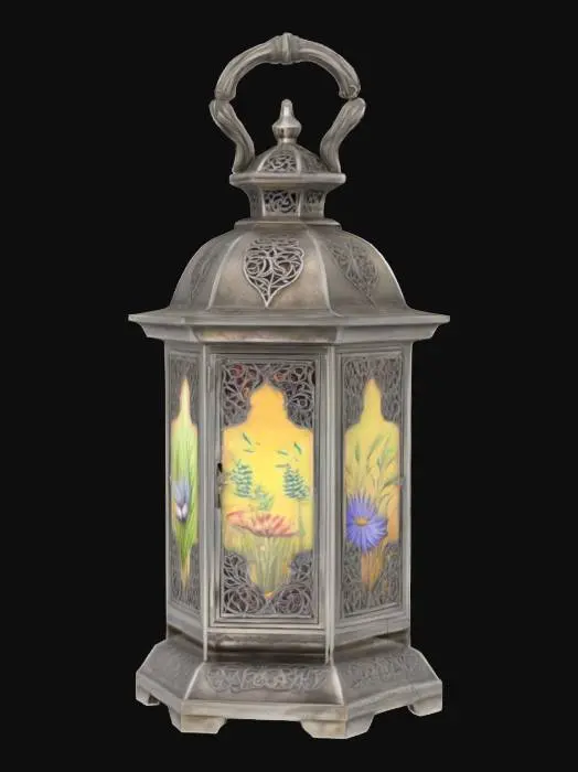 3D model for An ancient, tarnished silver lantern, its hexagonal body adorned with delicate filigree resembling twisting vines. Thin, milky moonstone panels are set into its sides, glowing with a soft, ethereal light. A sturdy, ornate handle arches above, crafted from the same dark, aged metal. Its surface feels cool and slightly uneven to the touch, hinting at forgotten craftsmanship.