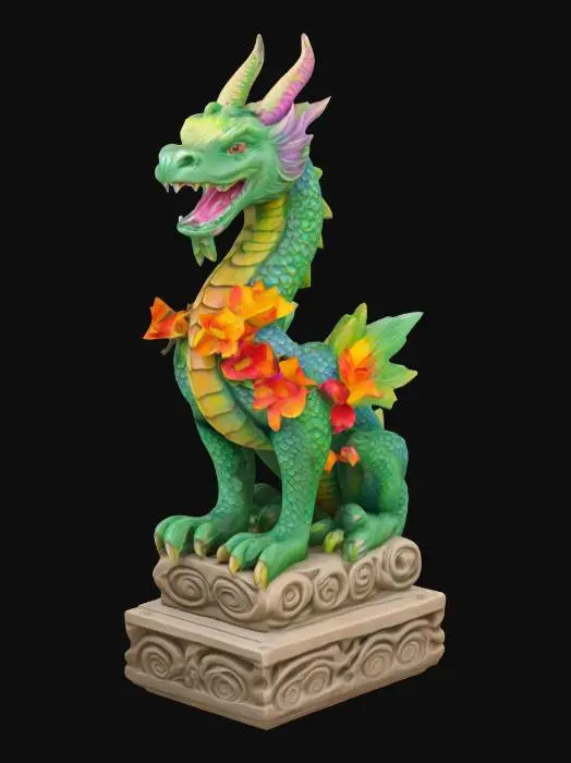3D model for Botanical dragon stone statue on a carved stone base. This statue is  hand painted in vivid summer botanical colors. 
