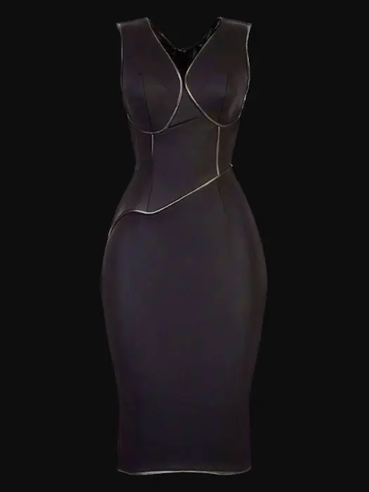 3D model for A sleek, futuristic cocktail dress made from a lustrous, matte black neoprene blend, offering a slight stretch. The material has a smooth, almost rubbery feel, with a subtle sheen that absorbs light. Its architectural structure features sharp, angular pleats and a structured bodice with a geometric cut-out detail. The seams are clean and bonded, creating a seamless appearance, and the overall form is a striking, sculptural silhouette.