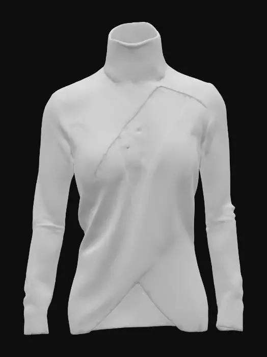 3D model for A sleek, futuristic cocktail dress made from a lustrous, matte black neoprene blend, offering a slight stretch. The material has a smooth, almost rubbery feel, with a subtle sheen that absorbs light. Its architectural structure features sharp, angular pleats and a structured bodice with a geometric cut-out detail. The seams are clean and bonded, creating a seamless appearance, and the overall form is a striking, sculptural silhouette.
