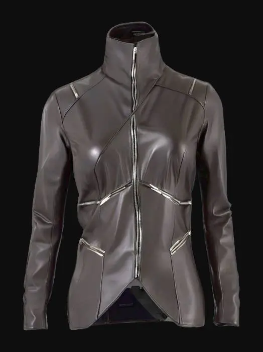 3D model for A sleek, futuristic cocktail dress made from a lustrous, matte black neoprene blend, offering a slight stretch. The material has a smooth, almost rubbery feel, with a subtle sheen that absorbs light. Its architectural structure features sharp, angular pleats and a structured bodice with a geometric cut-out detail. The seams are clean and bonded, creating a seamless appearance, and the overall form is a striking, sculptural silhouette.