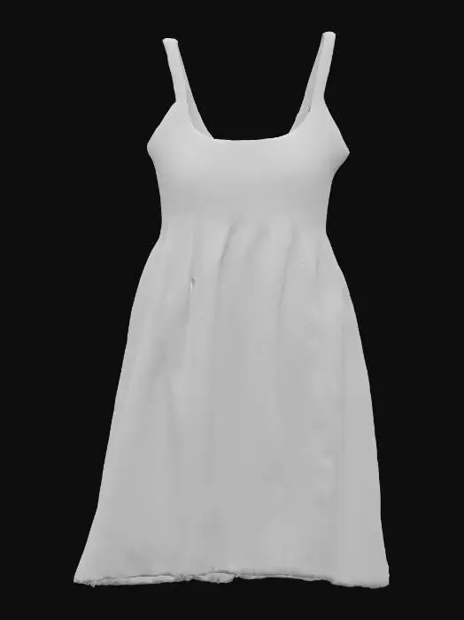 3D model for An airy summer sundress made from light, crinkled linen in a faded sky blue. The breathable fabric has a slightly rough, natural texture, soft and comfortable against the skin. Its relaxed, shift silhouette hangs loosely, suggesting movement, with thin shoulder straps and a simple scooped neckline. Small, embroidered white daisies are scattered subtly across the hem, adding a tactile, slightly raised detail.