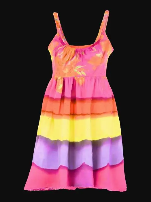 3D model for An airy summer sundress made from light, crinkled linen in a faded sky blue. The breathable fabric has a slightly rough, natural texture, soft and comfortable against the skin. Its relaxed, shift silhouette hangs loosely, suggesting movement, with thin shoulder straps and a simple scooped neckline. Small, embroidered white daisies are scattered subtly across the hem, adding a tactile, slightly raised detail.