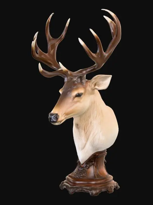 3D model for Hand painted glossy porcelain wild elk head bust on a carved ornate wooden base