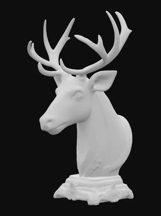 3D model for Hand painted glossy porcelain wild elk head bust on a carved ornate wooden base