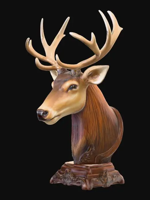 3D model for Hand painted glossy porcelain wild elk head bust on a carved ornate wooden base