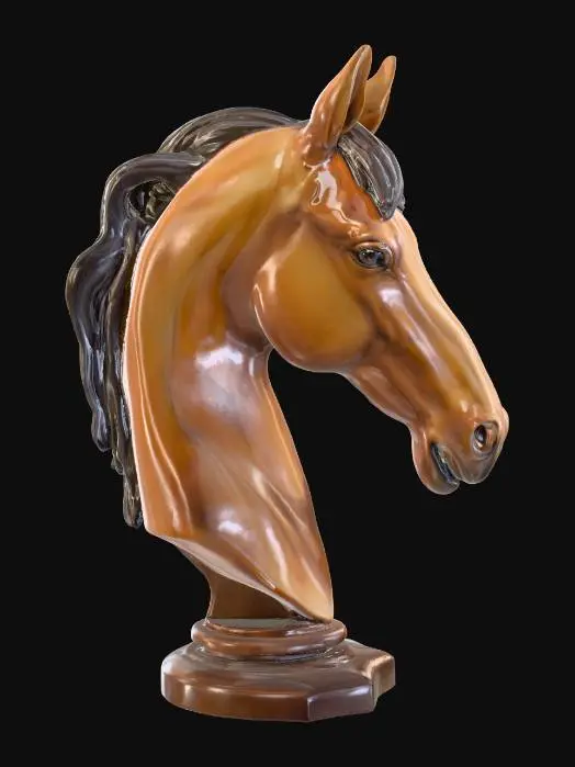 3D model for Hand painted glossy porcelain wild horse head bust on a wooden base