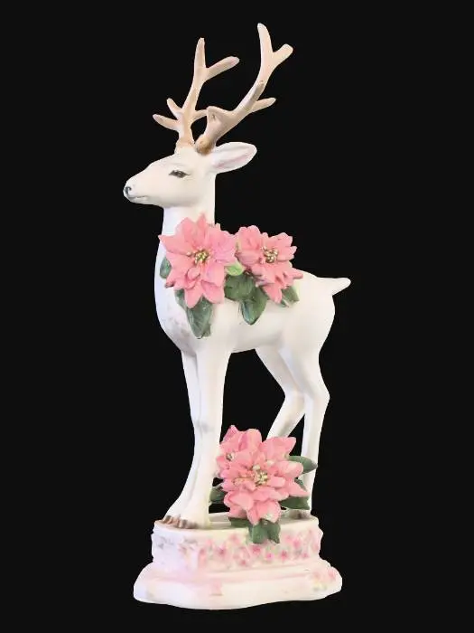 3D model for Porcelain reindeer with pale pink hand painted poinsettias on it's body. This figurine should be on an ornate base. 