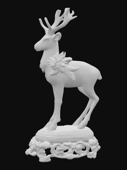3D model for Porcelain reindeer with pale pink hand painted poinsettias on it's body. This figurine should be on an ornate base. 