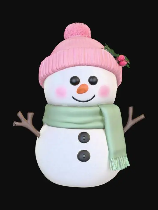 3D model for A cute Chibi style Christmas snowman wearing pale green and pale pink scarf and hat