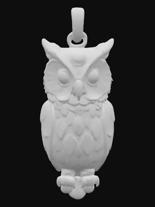 3D model for An intricately designed owl pendant, crafted from smooth, glossy enamel over a metal base. Its surface displays vibrant, deep jewel-toned colors like emerald green, sapphire blue, and ruby red, with subtle gold accents outlining its feathers and wide, attentive eyes. The enamel gives it a slick, cool-to-the-touch feel, and its three-dimensional form features gently rounded edges and a slightly convex body, capturing the graceful contours of an owl. 