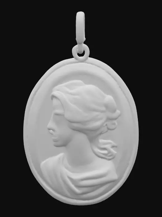 3D model for A delicate oval cameo pendant, intricately carved from lustrous mother of pearl. Its smooth, iridescent surface gleams with soft, pearlescent hues of cream, pink, and blue, shifting gently in the light. A finely detailed, raised portrait, possibly a classical profile, emerges from the polished background, offering a subtle textural contrast. The pendant feels cool and refined to the touch, with a hard, yet fragile, structure and a naturally shimmering finish.