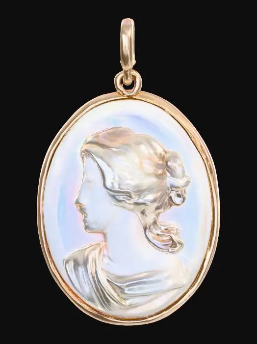 3D model for A delicate oval cameo pendant, intricately carved from lustrous mother of pearl. Its smooth, iridescent surface gleams with soft, pearlescent hues of cream, pink, and blue, shifting gently in the light. A finely detailed, raised portrait, possibly a classical profile, emerges from the polished background, offering a subtle textural contrast. The pendant feels cool and refined to the touch, with a hard, yet fragile, structure and a naturally shimmering finish.
