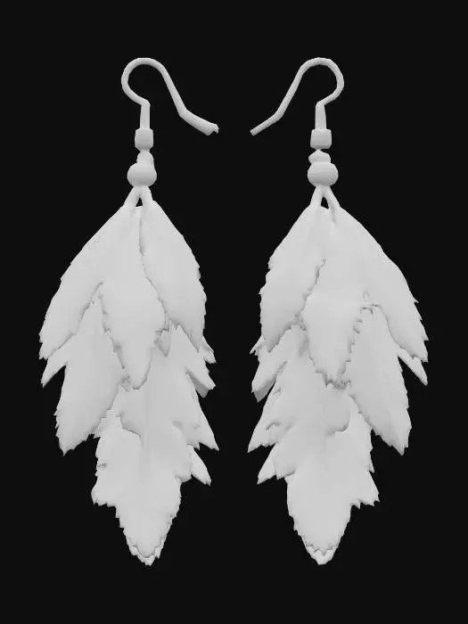 3D model for A pair of vibrant, bohemian-style feather earrings. Each earring features a cluster of long, delicate feathers in striking hues of bright red, sunny yellow, vivid turquoise, and rich purple. They dangle from an antique brass-toned metal hook, adorned with small, smooth spherical beads in red, yellow, and green. The feathers have a soft, airy texture, secured by decorative metallic caps, forming a lightweight and visually dynamic accessory.
