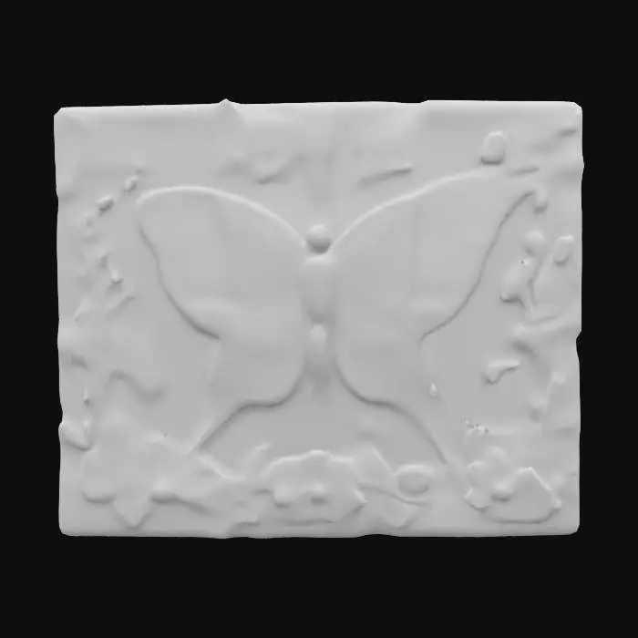 3D model for stone slab with a fairy and butterflies and flowers carved into it with a solid back. 