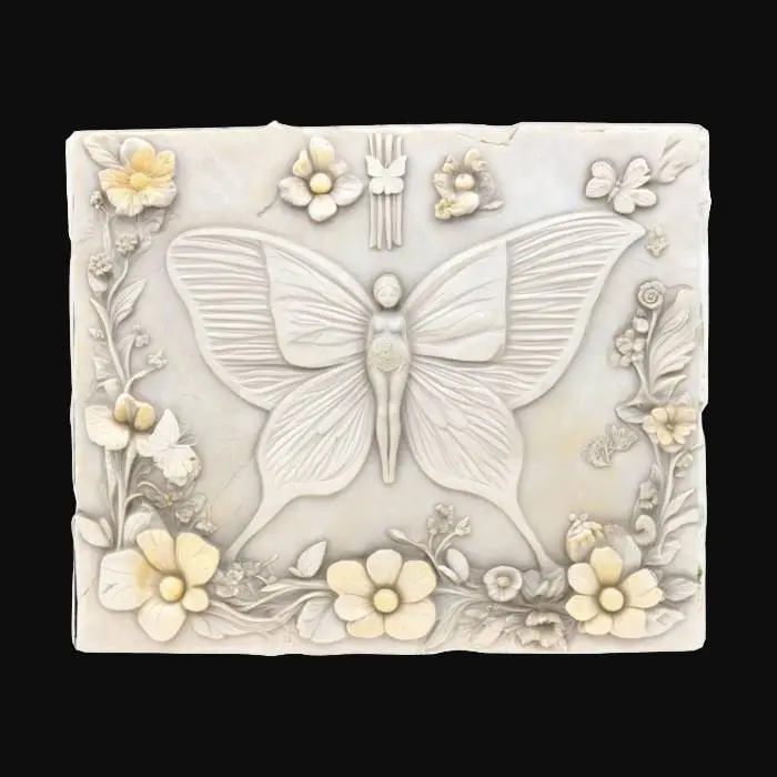 3D model for stone slab with a fairy and butterflies and flowers carved into it with a solid back. 