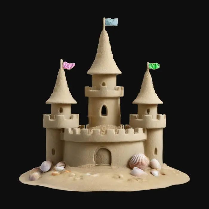 3D model for simple sand castle made out of sand with clam shells and pebbles on it, Game Assets