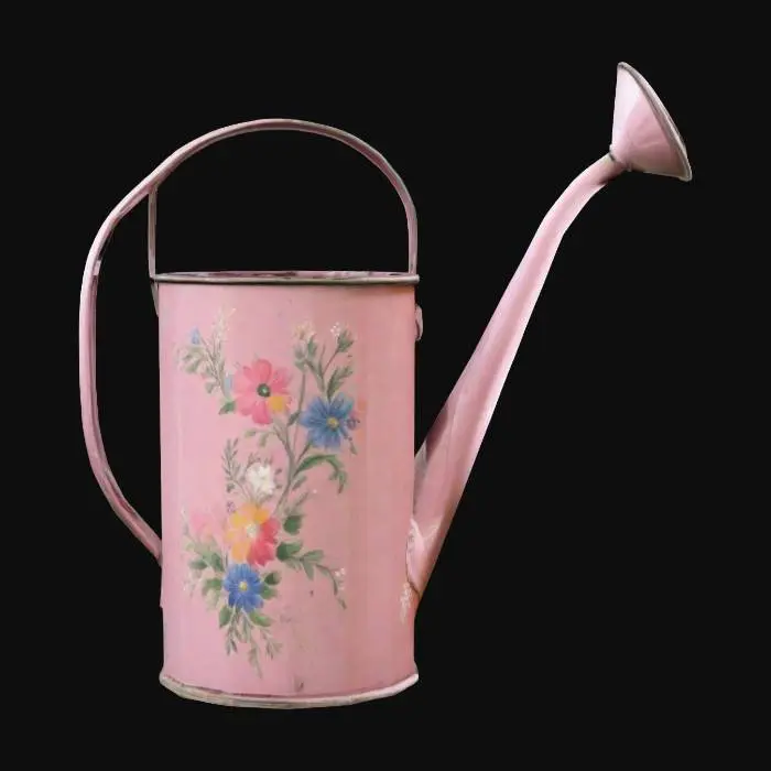 3D model for vintage tin watering can with hand painted flowers on the side of it