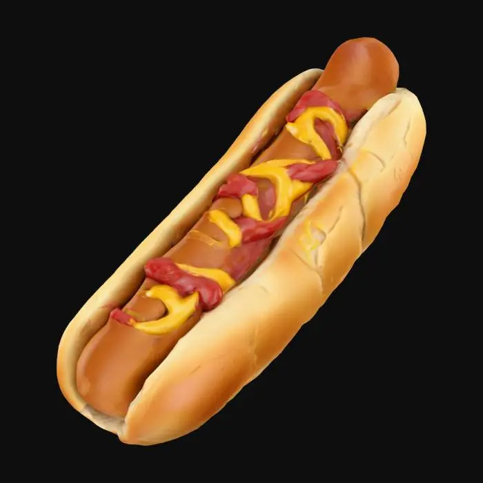 3D model for Hot dog on a bun with mustard and ketchup, Highly Detailed, Ultra Realistic