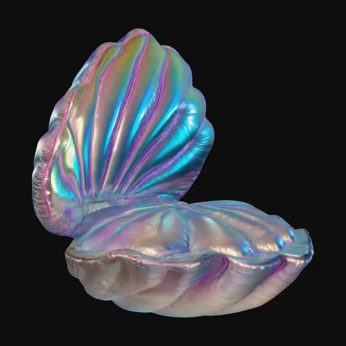 3D model for Open iridescent clam shell with a tufted plushie soft cushion in it. Pastel colors, Fantasy, Highly Detailed, Ultra Realistic
