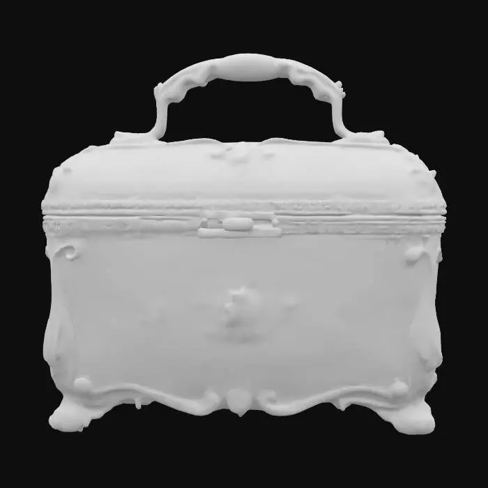 3D model for ornate glossy pale pink jewelry box with gold trim. , Highly Detailed, Ultra Realistic, Fantasy, Hand Painted, Ceramic, Gold, Crystal