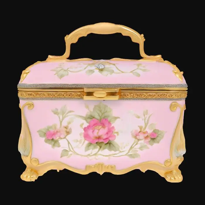 3D model for ornate glossy pale pink jewelry box with gold trim. , Highly Detailed, Ultra Realistic, Fantasy, Hand Painted, Ceramic, Gold, Crystal
