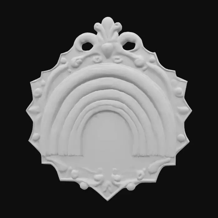 3D model for a wood carved emblem with a rainbow carved into it. The rainbow is painted rainbow colors while the rest of the wood is left natural. , Hand Painted, Game Assets, Wood, Carved, Polished, Highly Detailed, Ultra Realistic, #emblem#