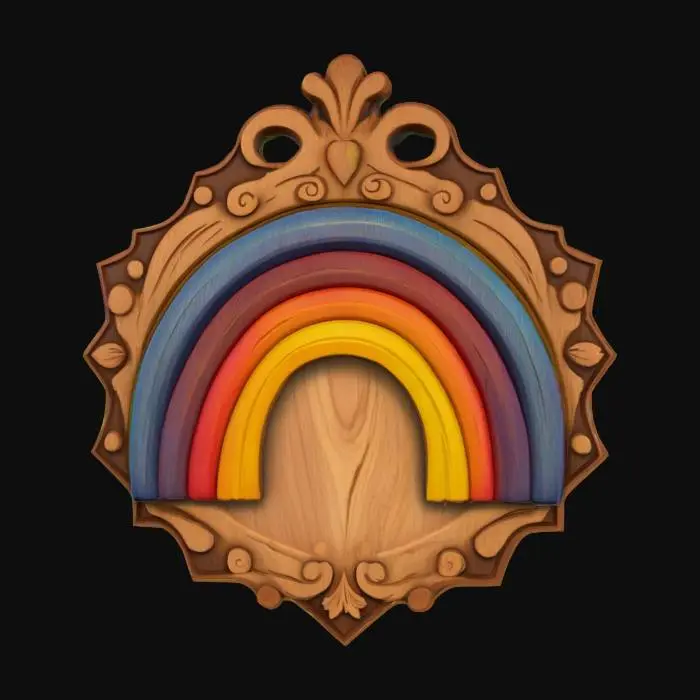 3D model for a wood carved emblem with a rainbow carved into it. The rainbow is painted rainbow colors while the rest of the wood is left natural. , Hand Painted, Game Assets, Wood, Carved, Polished, Highly Detailed, Ultra Realistic, #emblem#