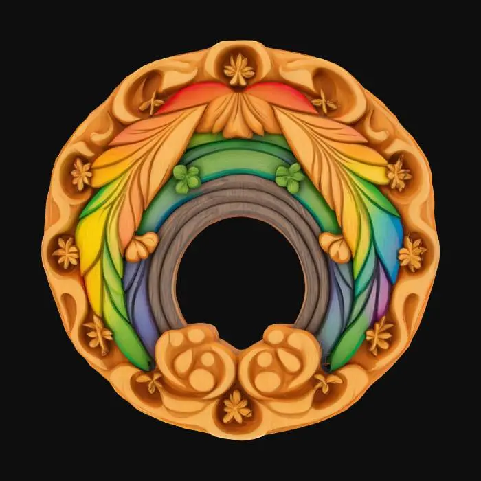3D model for a wood carved emblem with a rainbow carved into it. The rainbow is painted rainbow colors while the rest of the wood is left natural. , Hand Painted, Game Assets, Wood, Carved, Polished, Highly Detailed, Ultra Realistic, #emblem#