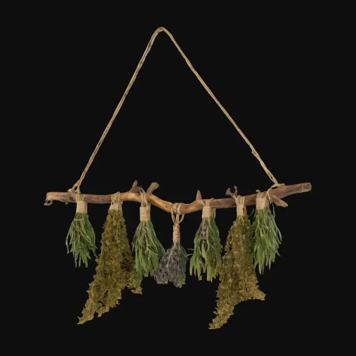 3D model for drying herbs hanging from a twig with rope for hanging