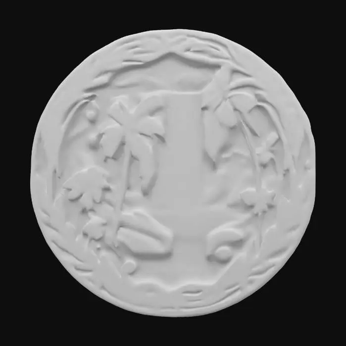 3D model for wooden carved emblem of a luminous blue waterfall with tropical trees and plants. Thick lines. Deeply engraved details. Bold embossed details. Well-defined and bold edges. Solid back. The waterfall and plants are hand painted but the rest of the wood is left natural and polished. Highly detailed. Highly stylized. , #emblem#
