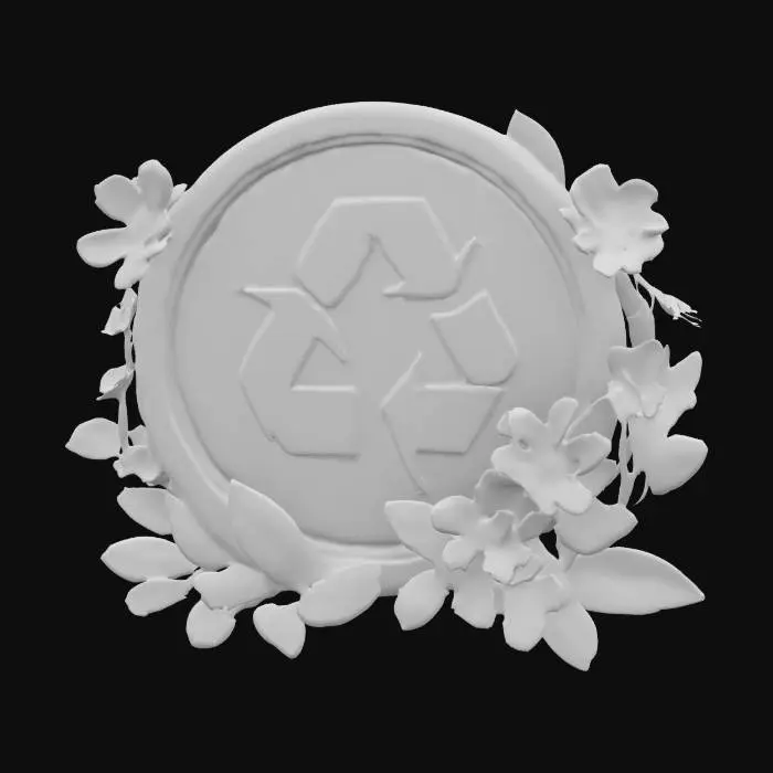 3D model for The object is a circular carved polished wooden emblem featuring Three green leaves forming the recycling symbol at its center, set against an ombre red background, and surrounded by carved polished wood colorful flowers and green leaves., brightly Hand Painted with thick bold black outlines, #emblem#, Game Assets, Wood, Highly Detailed, Carved, luminous, glossy
