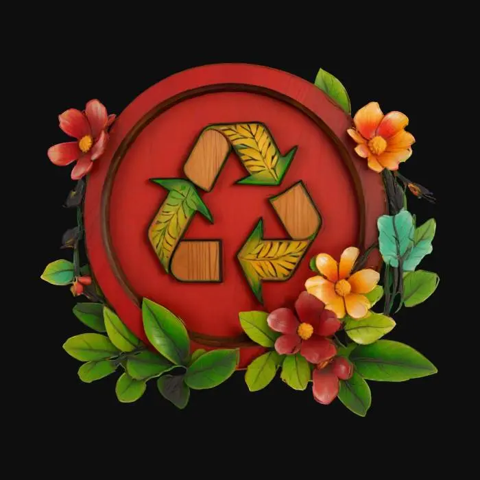 3D model for The object is a circular carved polished wooden emblem featuring Three green leaves forming the recycling symbol at its center, set against an ombre red background, and surrounded by carved polished wood colorful flowers and green leaves., brightly Hand Painted with thick bold black outlines, #emblem#, Game Assets, Wood, Highly Detailed, Carved, luminous, glossy