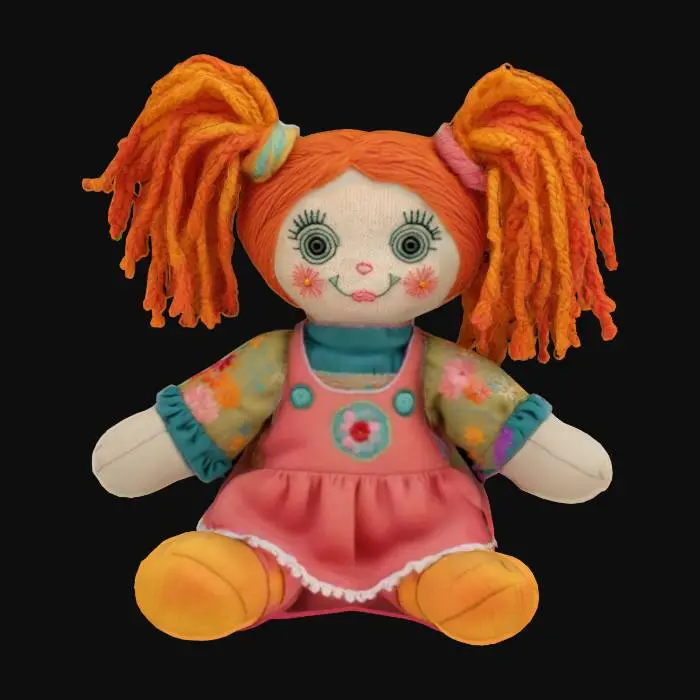 3D model for Rag doll made out of  fabric with highly detailed embroidery details and design clear stitches and threads. Bright colorful yarn and thread. And yarn hair. ,, Highly Detailed, Ultra Realistic, soft,  Stylized