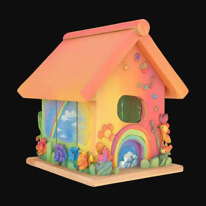 3D model for pride inspired rainbow birdhouse with a rainbow scene. bold deep lines and edges. , Highly Detailed, Ultra Realistic, Carved, Polished