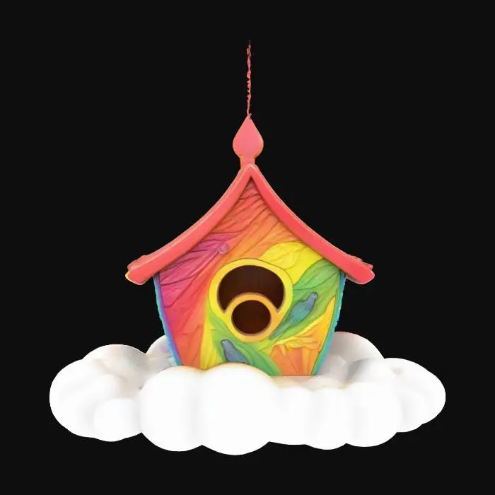 3D model for pride inspired rainbow birdhouse with a rainbow scene. bold deep lines and edges. , Highly Detailed, Ultra Realistic, Carved, Polished