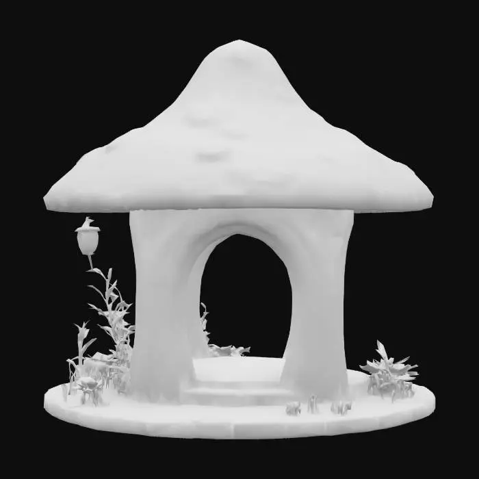 3D model for stone relief botanical mushroom shaped gazebo, leaves and flowers, hand painted, Game Assets, Stained Glass, Highly Detailed, Polished, Ultra Realistic