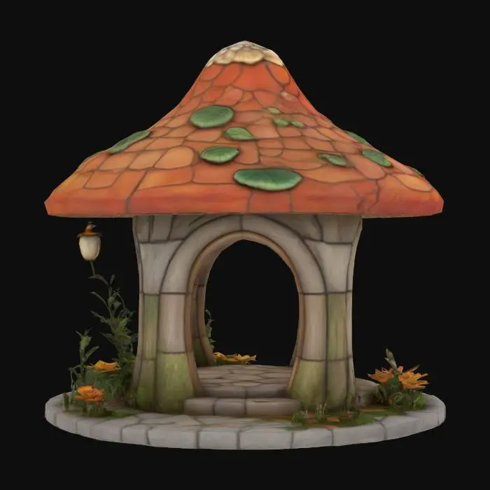 3D model for stone relief botanical mushroom shaped gazebo, leaves and flowers, hand painted, Game Assets, Stained Glass, Highly Detailed, Polished, Ultra Realistic