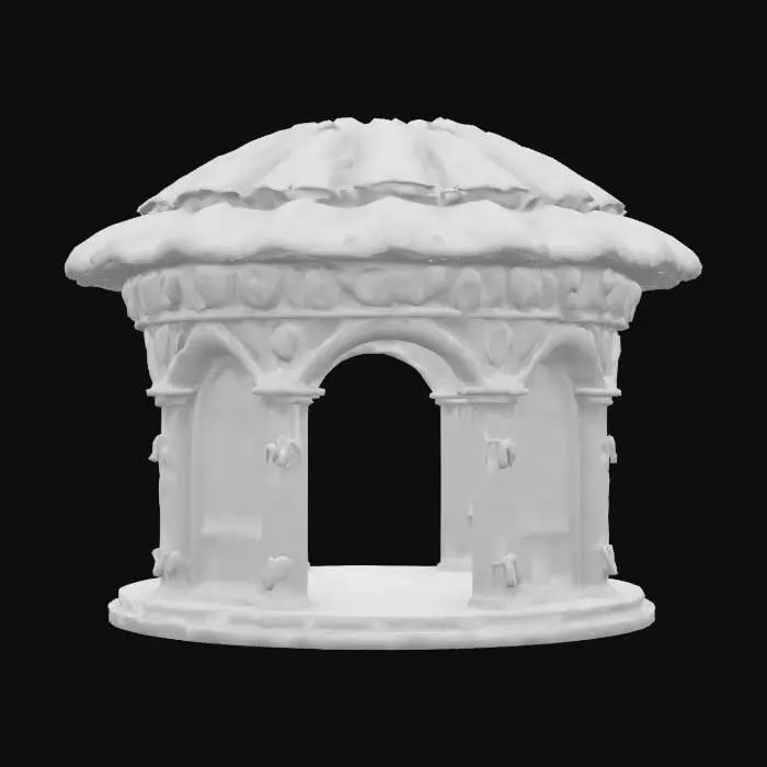 3D model for stone relief botanical mushroom shaped gazebo, leaves and flowers, hand painted, Game Assets, Stained Glass, Highly Detailed, Polished, Ultra Realistic