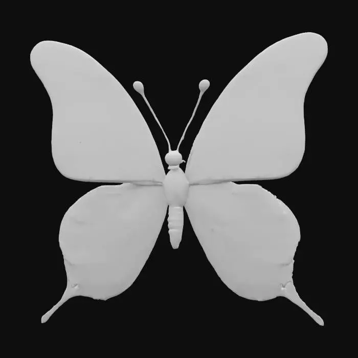 3D model for Butterfly, bold black lines with multi-colored spots and vivid details outlined with deep black lines. Luminous glowing neon lighting, Game Assets, Highly Detailed, Ultra Realistic, Symmetrical Body, deep etching and lines, lighted lit