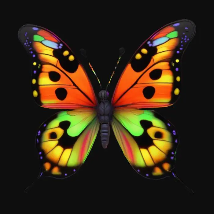 3D model for Butterfly, bold black lines with multi-colored spots and vivid details outlined with deep black lines. Luminous glowing neon lighting, Game Assets, Highly Detailed, Ultra Realistic, Symmetrical Body, deep etching and lines, lighted lit