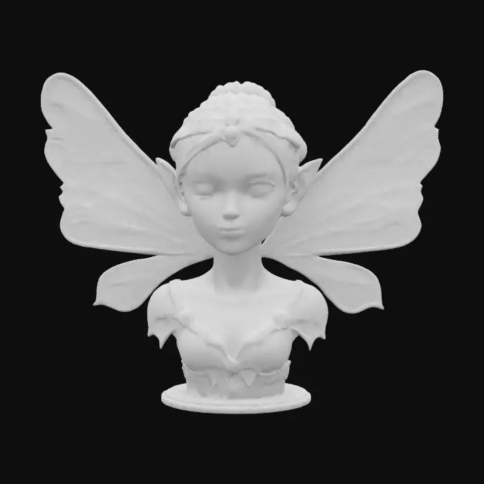 3D model for carved dark pewter bust of a beautiful fairy with wings. Highly detailed and ornate. 